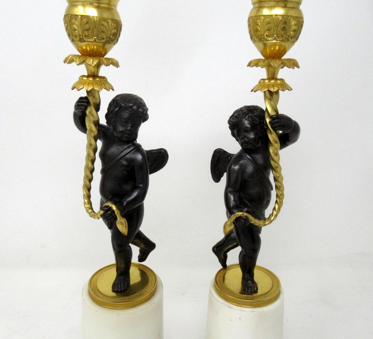 19th Century Antique Pair of Ormolu Bronze Marble Single Light Figural Cherub Candlestick