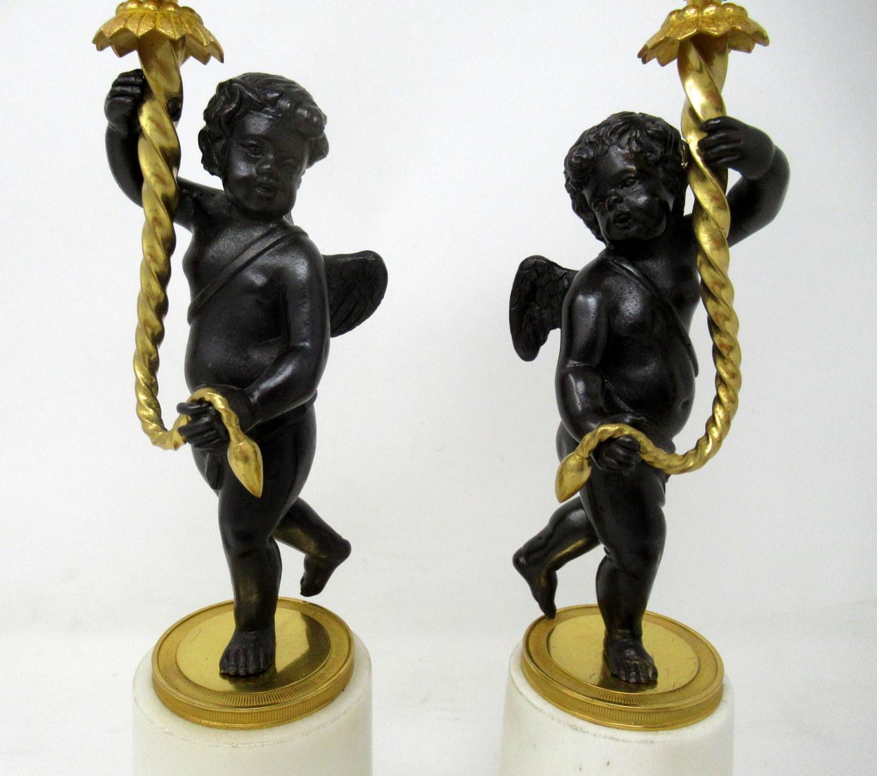 Antique Pair of Ormolu Bronze Marble Single Light Figural Cherub Candlestick 1