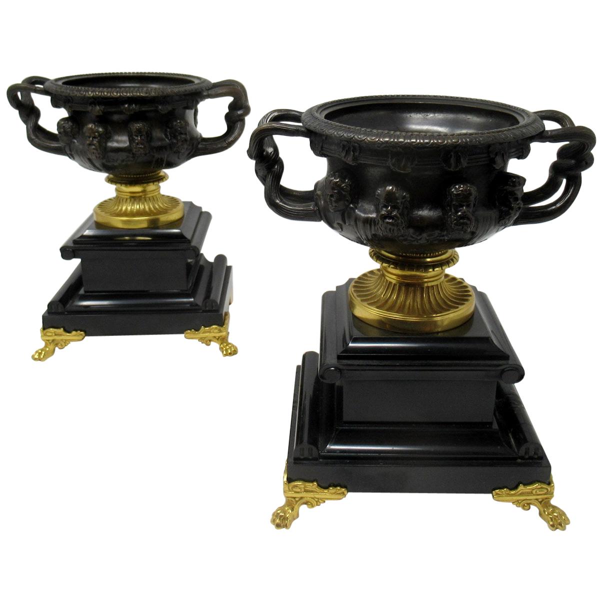 Pair of French Ormolu Bronze Marble Warwick Albani Vases Urns, 19th Century