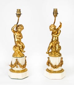 Antique Pair French Ormolu Cherub Candelabra Table Lamps 20th C