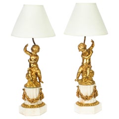 Antique Pair French Ormolu Cherub Candelabra Table Lamps 20th C