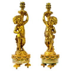 Antique Pair French Ormolu Cherubs Table Lamps 19th C