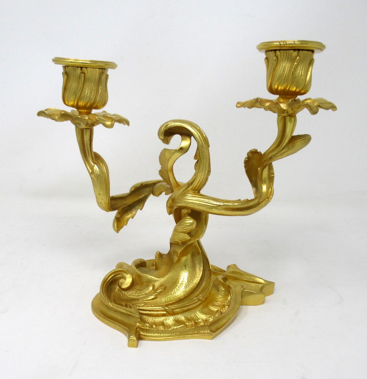 Victorian Antique Pair of French Ormolu Dore Bronze Twin-Light Candelabra Candlesticks