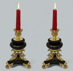 Antique Pair French Ormolu Gilt Bronze Dore Empire Candlesticks with Dolphins