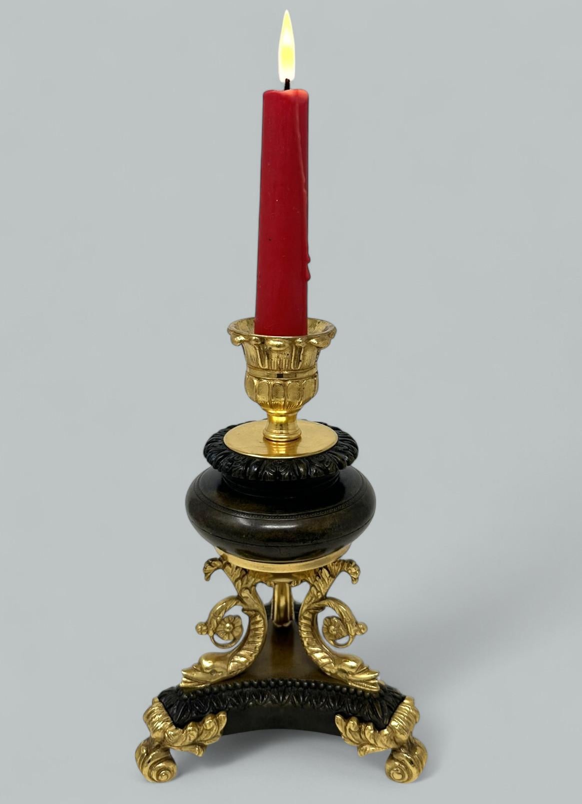 Regency Antique Pair French Ormolu Gilt Bronze Dore Empire Candlesticks with Dolphins For Sale