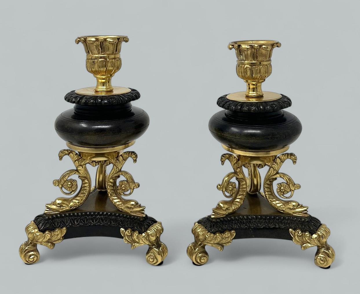 Cast Antique Pair French Ormolu Gilt Bronze Dore Empire Candlesticks with Dolphins For Sale