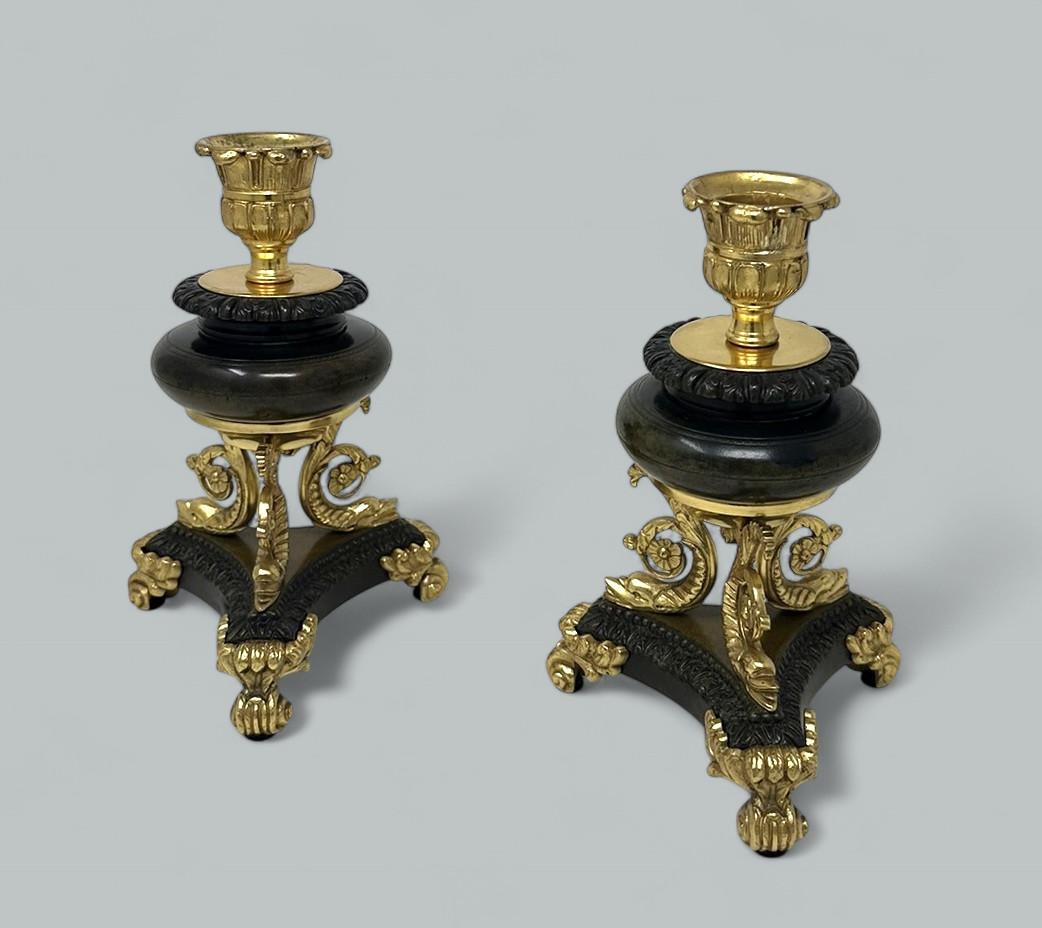 19th Century Antique Pair French Ormolu Gilt Bronze Dore Empire Candlesticks with Dolphins For Sale