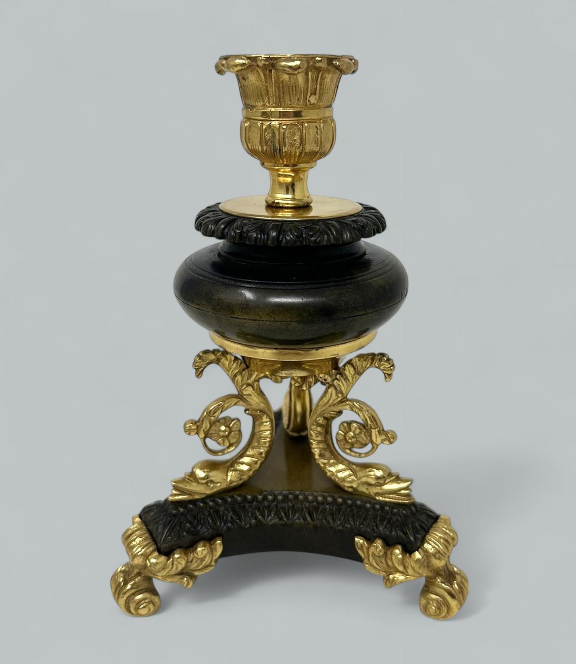 Antique Pair French Ormolu Gilt Bronze Dore Empire Candlesticks with Dolphins For Sale 1