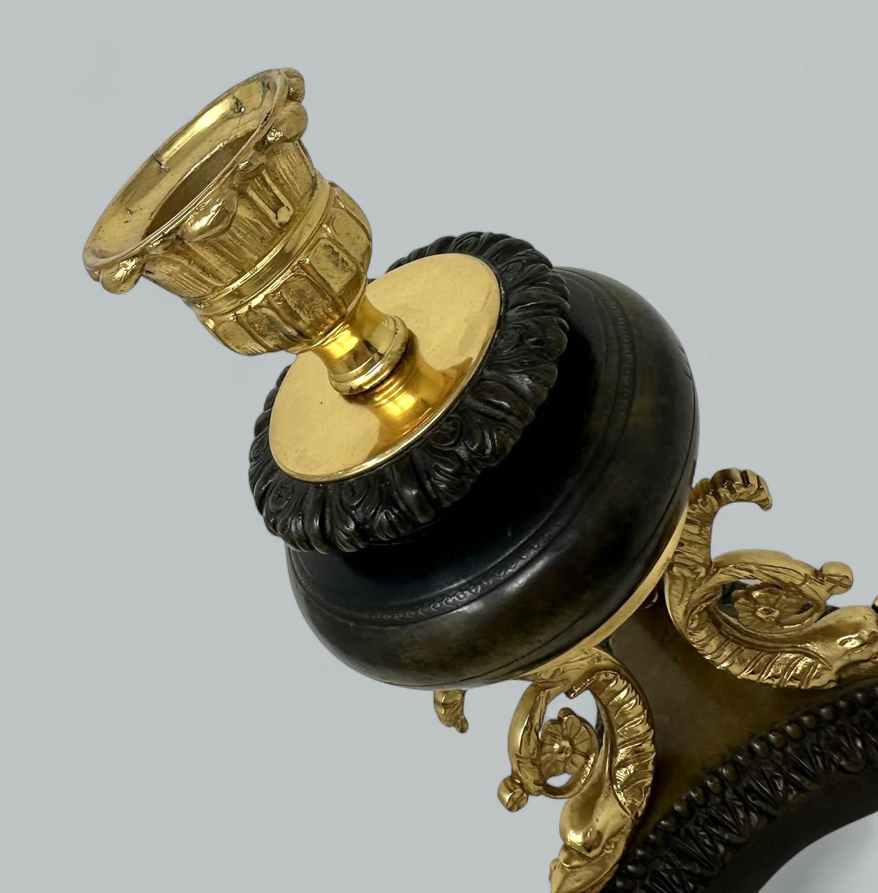 Antique Pair French Ormolu Gilt Bronze Dore Empire Candlesticks with Dolphins For Sale 2