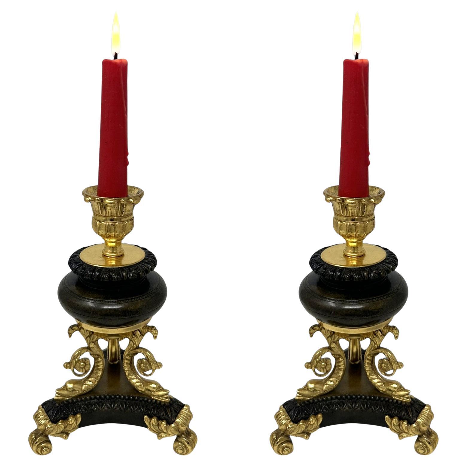 Antique Pair French Ormolu Gilt Bronze Dore Empire Candlesticks with Dolphins For Sale