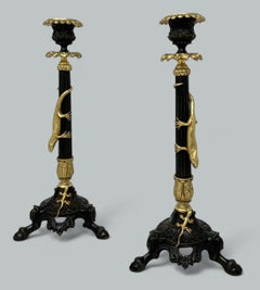 Antique Pair French Ormolu Gilt Bronze Dore Empire Candlesticks with Lizards 19C