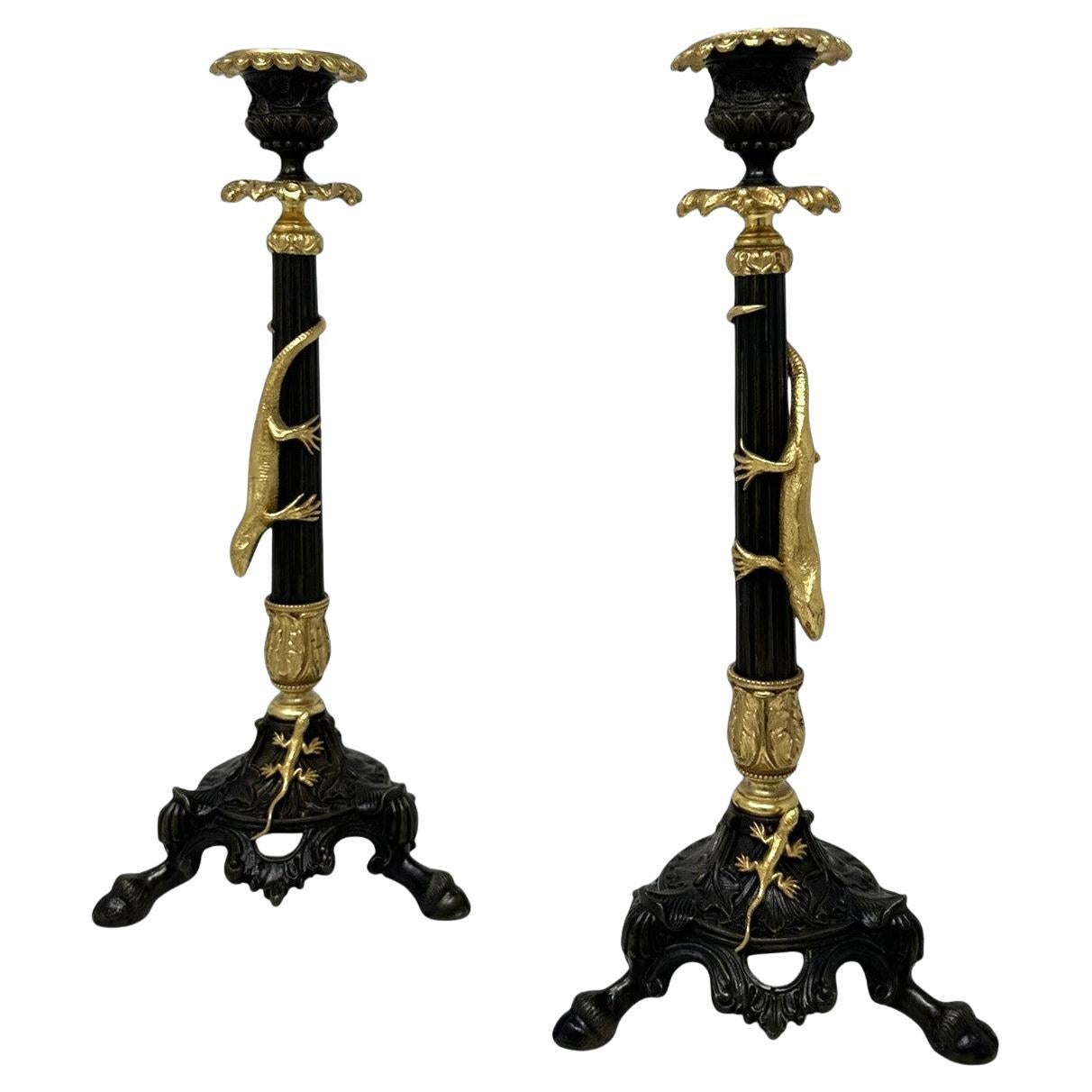 Antique Pair French Ormolu Gilt Bronze Dore Empire Candlesticks with Lizards 19C