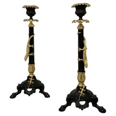 Antique Pair French Ormolu Gilt Bronze Dore Empire Candlesticks with Lizards 19C
