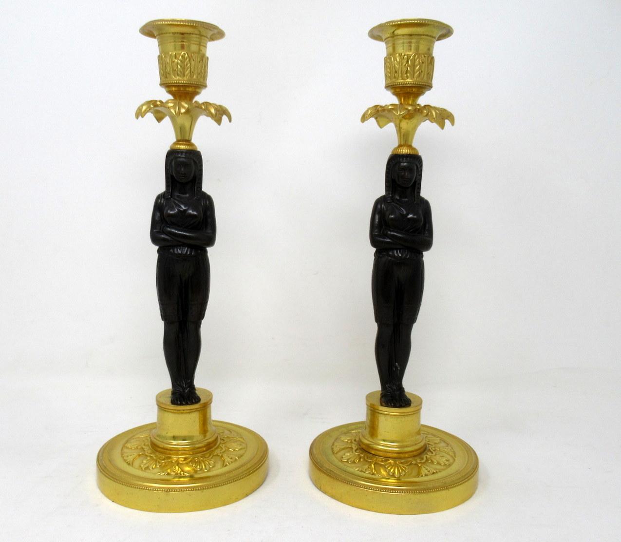 Victorian Antique Pair of French Ormolu Gilt Bronze Empire Candlesticks Egyptian Figures