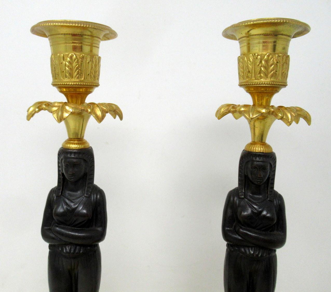 Cast Antique Pair of French Ormolu Gilt Bronze Empire Candlesticks Egyptian Figures