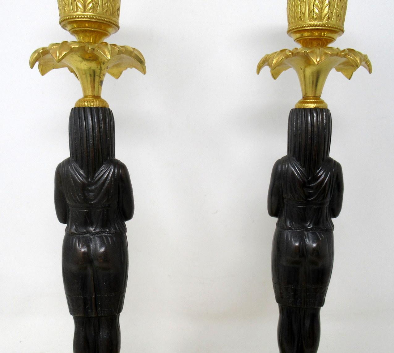 Antique Pair of French Ormolu Gilt Bronze Empire Candlesticks Egyptian Figures In Good Condition In Dublin, Ireland