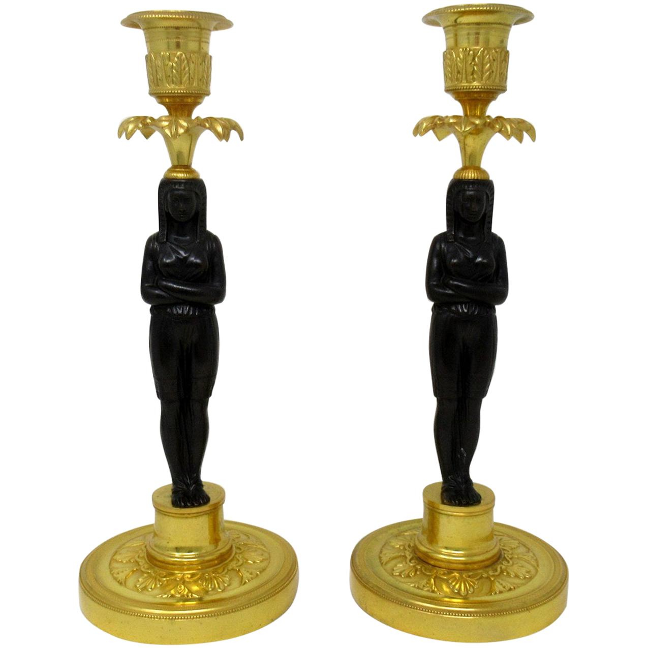 Antique Pair of French Ormolu Gilt Bronze Empire Candlesticks Egyptian Figures