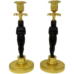 Antique Pair of French Ormolu Gilt Bronze Empire Candlesticks Egyptian Figures