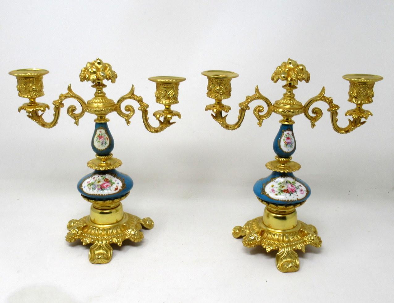 Late Victorian Pair of French Ormolu Gilt Bronze Sevres Porcelain Candelabras, 19th Century