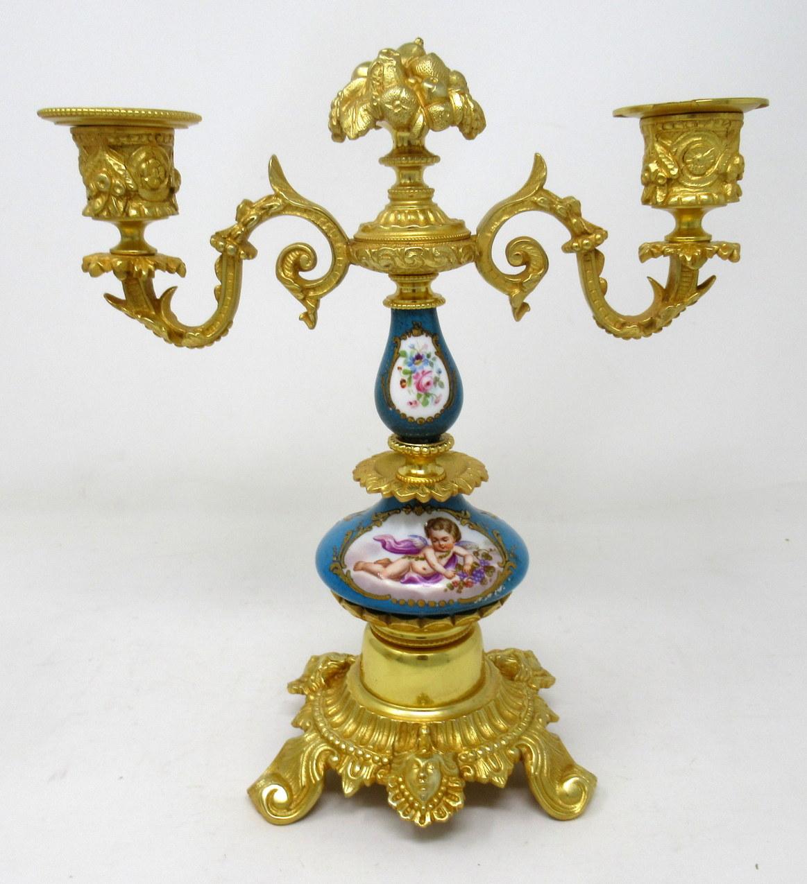 Pair of French Ormolu Gilt Bronze Sevres Porcelain Candelabras, 19th Century In Good Condition In Dublin, Ireland