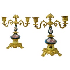 Pair of French Ormolu Gilt Bronze Sevres Porcelain Candelabras, 19th Century