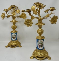 Antique Pair French Ormolu Gilt Bronze Sevres Porcelain Candelabras Candlesticks