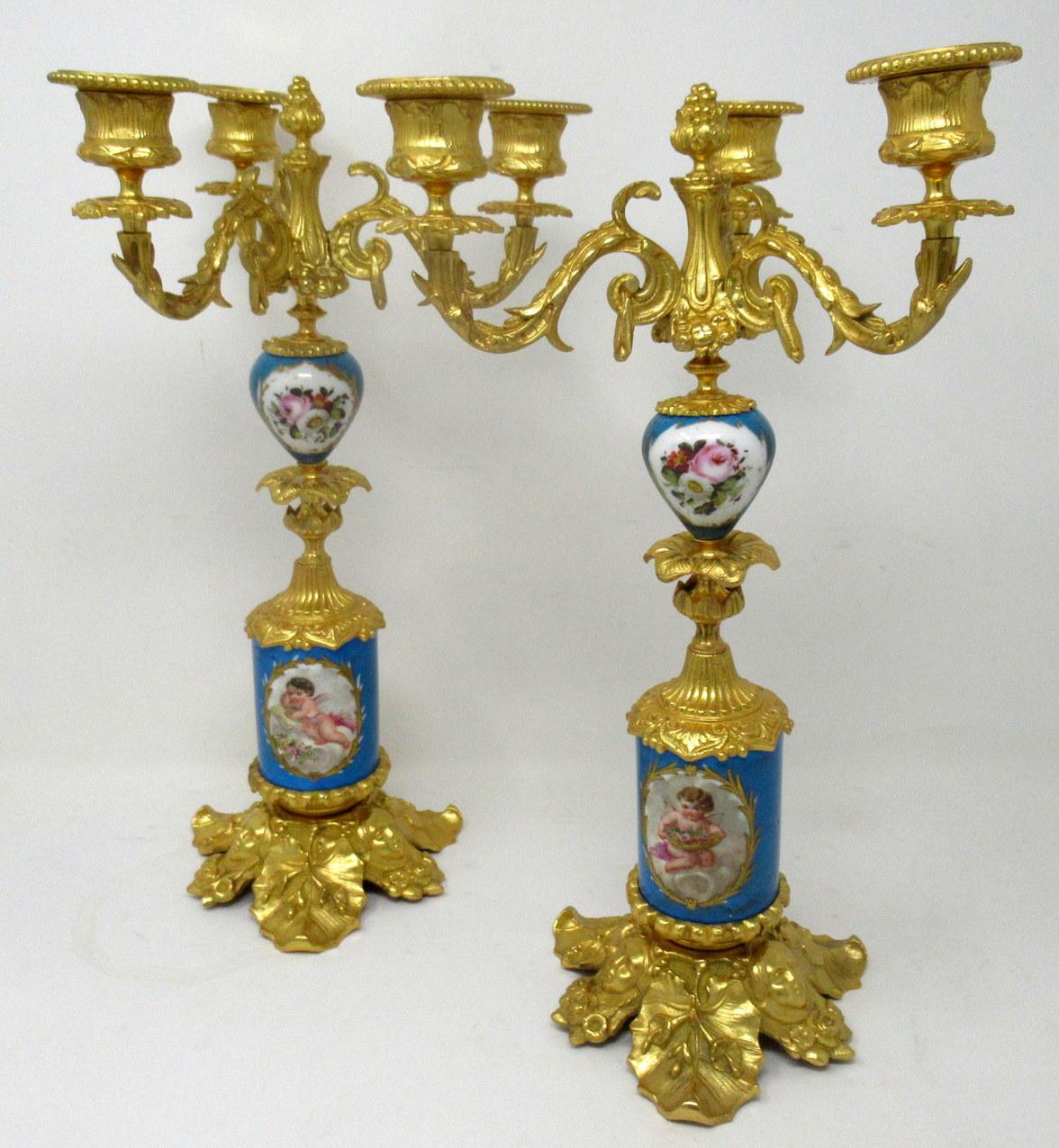 Late Victorian Antique Pair French Ormolu Gilt Bronze Sevres Porcelain Candelabras Candlesticks