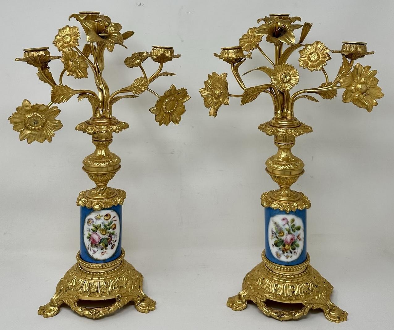 Late Victorian Antique Pair French Ormolu Gilt Bronze Sevres Porcelain Candelabras Candlesticks For Sale