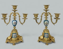 Antique Pair French Ormolu Gilt Bronze Sevres Porcelain Candelabras Candlesticks