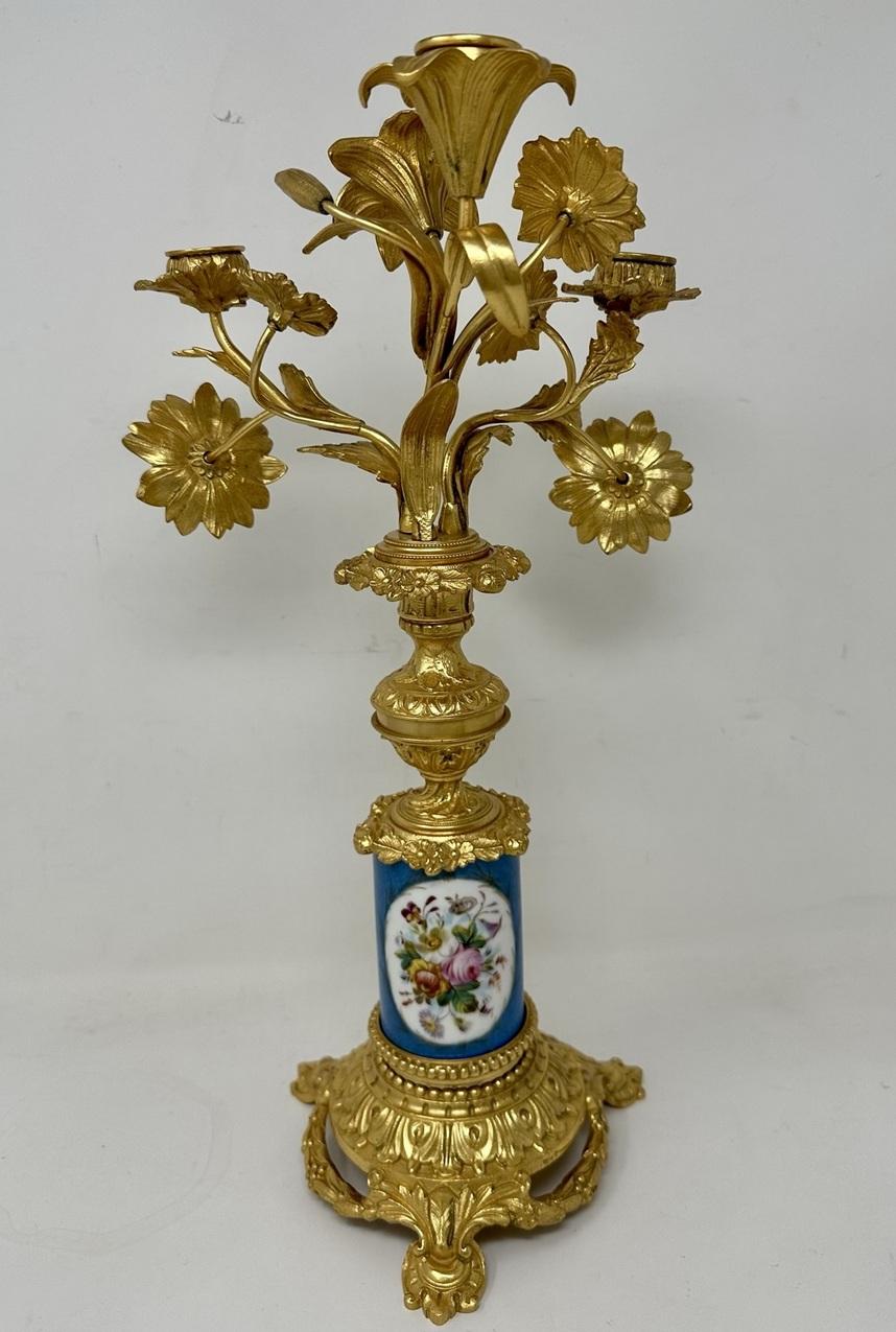 19th Century Antique Pair French Ormolu Gilt Bronze Sevres Porcelain Candelabras Candlesticks For Sale