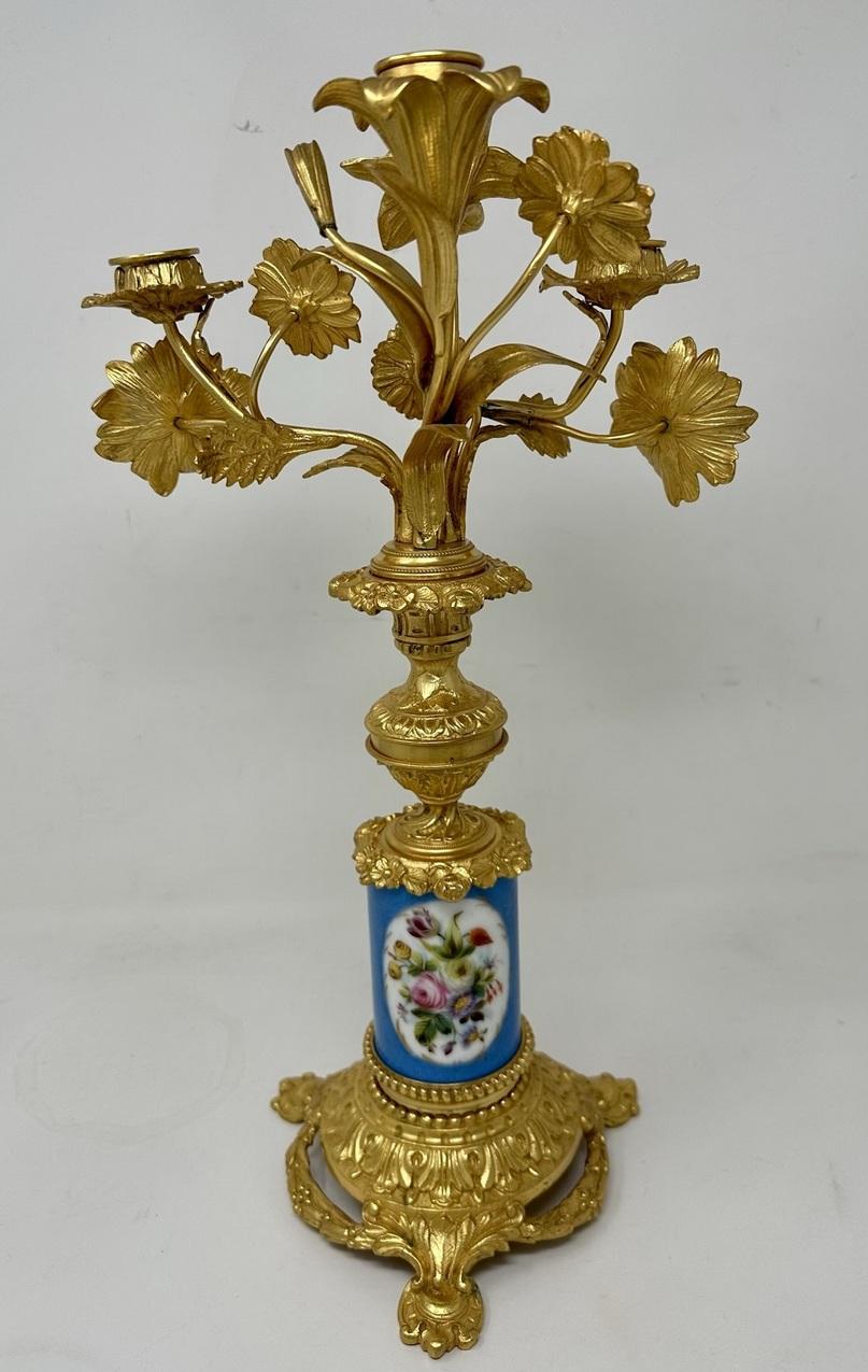 Antique Pair French Ormolu Gilt Bronze Sevres Porcelain Candelabras Candlesticks For Sale 1