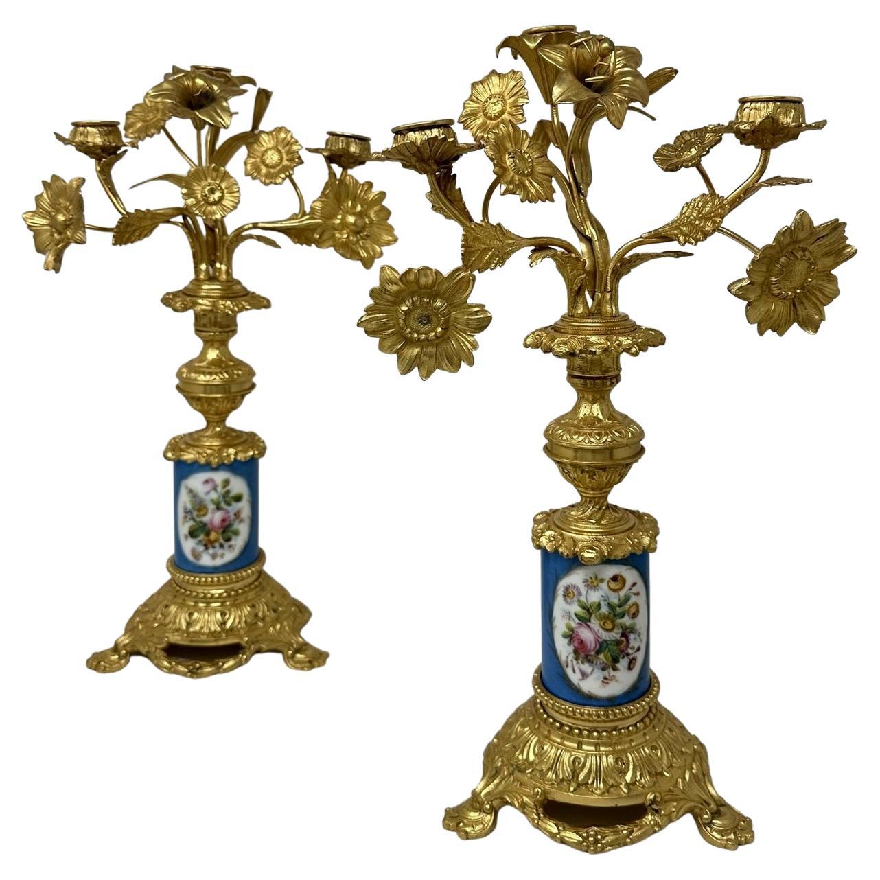 Antique Pair French Ormolu Gilt Bronze Sevres Porcelain Candelabras Candlesticks For Sale