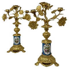 Antique Pair French Ormolu Gilt Bronze Sevres Porcelain Candelabras Candlesticks