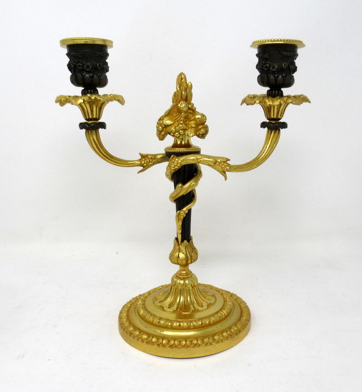 Louis XV Antique Pair of French Ormolu Gilt Bronze Twin Arm Candelabra Candlesticks