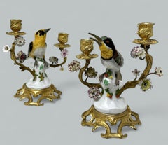 Antique Pair French Ormolu Gilt Porcelain Birds Candelabros Candelabros Samson