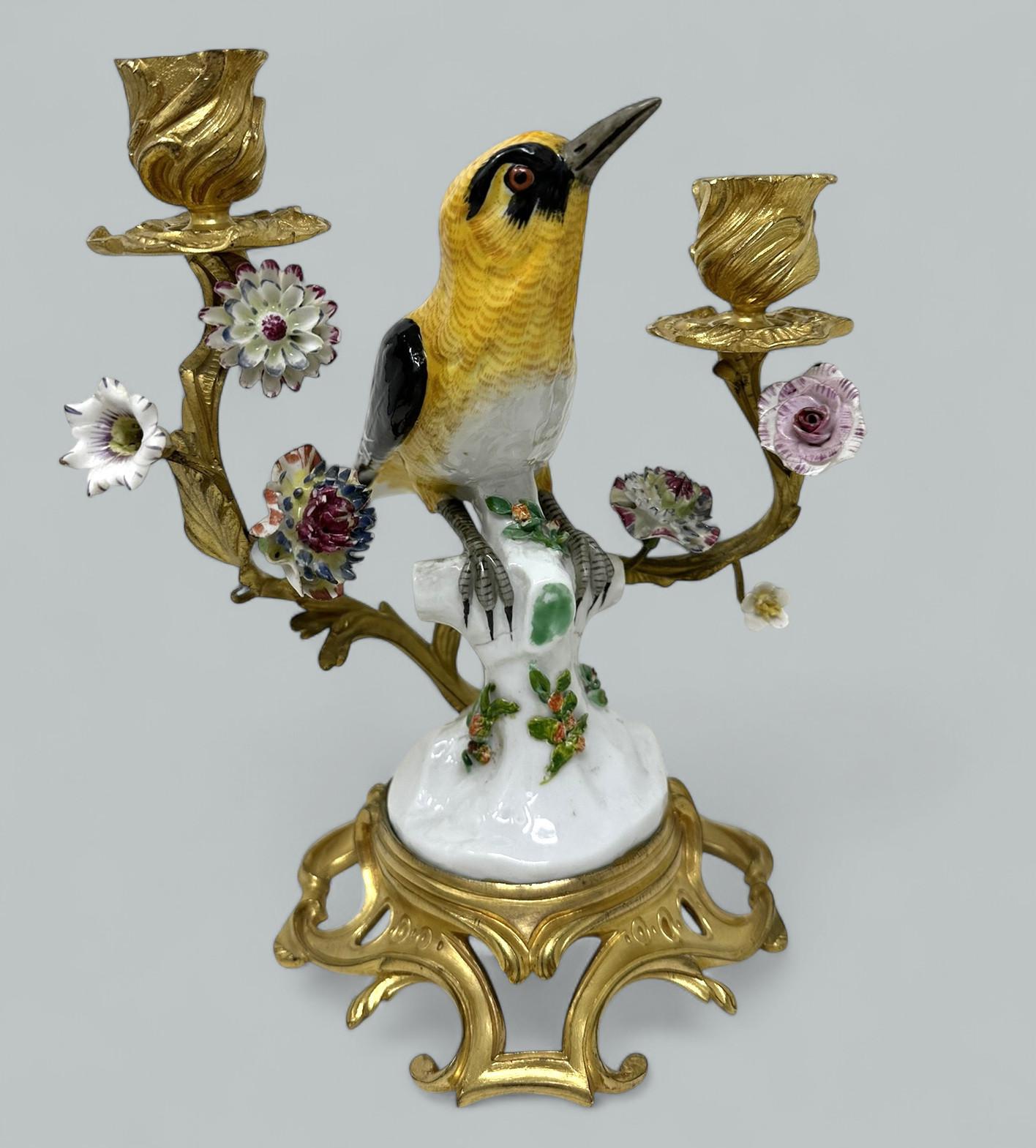 Antique Pair French Ormolu Vergoldetes Porzellan Vögel Kerzenleuchter Kandelaber Samson (Französisch) im Angebot
