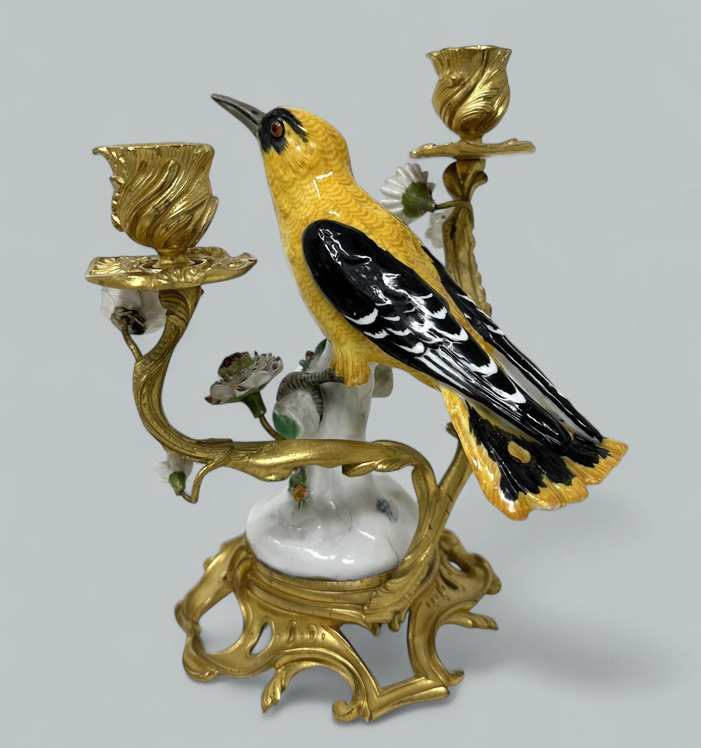Antique Pair French Ormolu Vergoldetes Porzellan Vögel Kerzenleuchter Kandelaber Samson (Gegossen) im Angebot