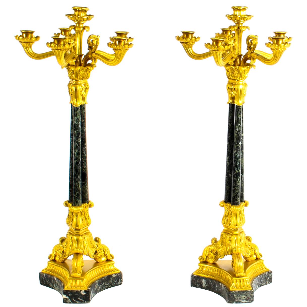 Antique Pair of French Ormolu and Marble Candelabra, 19th Century