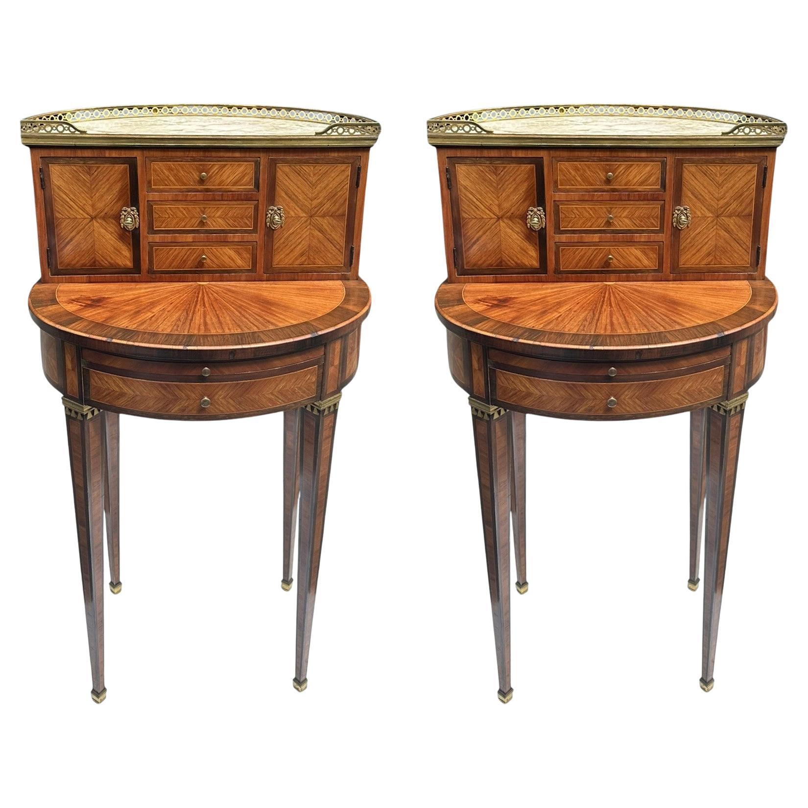 Antique Pair French Ormolu Marble Kingwood Rosewood Marquetry Desks Side Tables