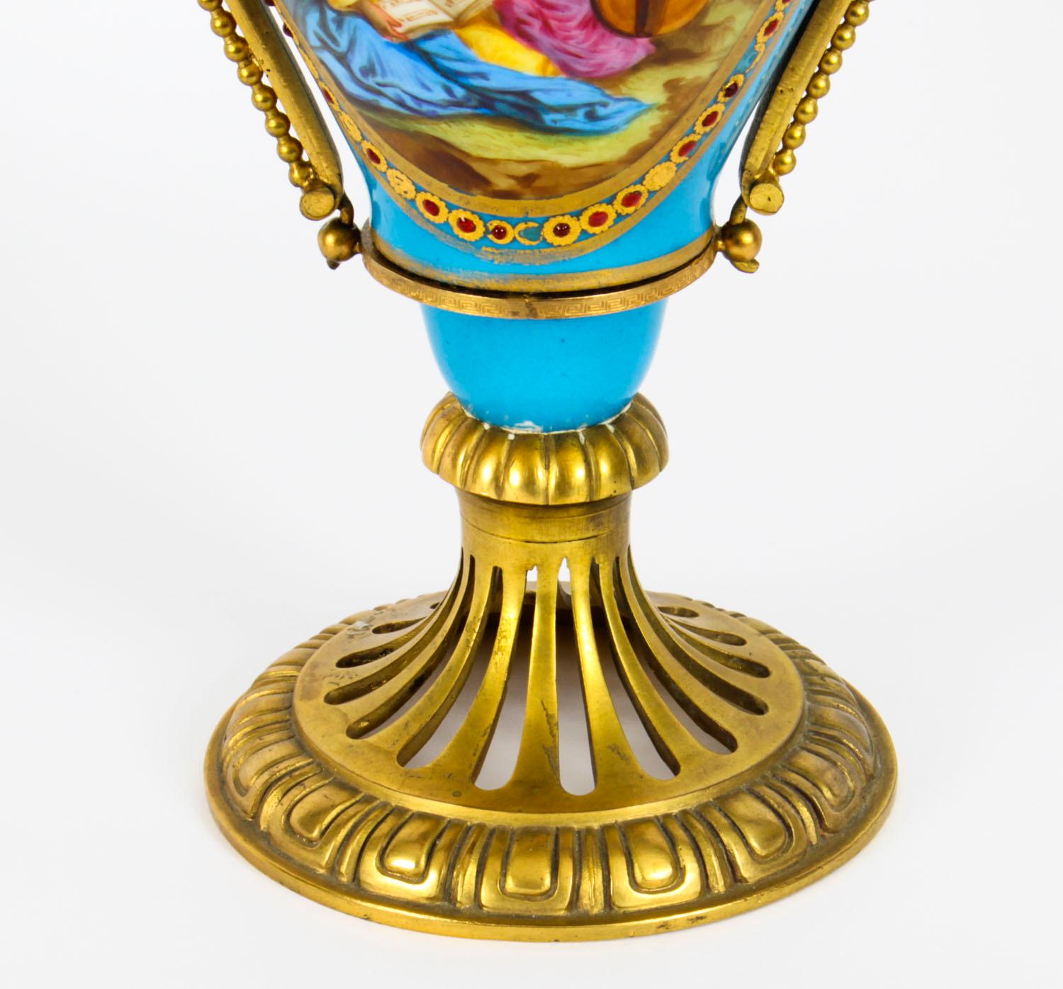 Antique Pair of French Ormolu Mounted Bleu Celeste Sèvres Vases, 19th Century For Sale 6