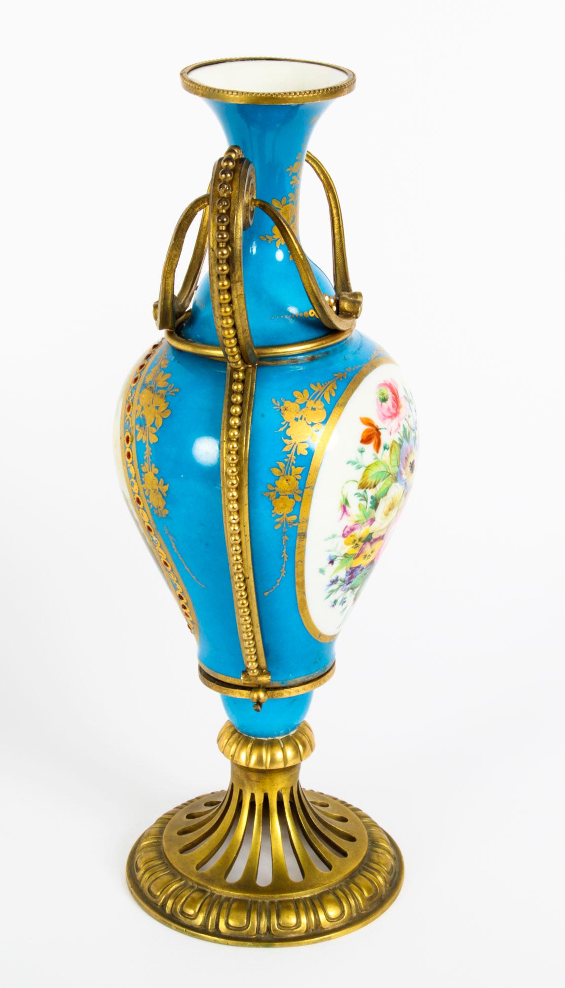 Antique Pair of French Ormolu Mounted Bleu Celeste Sèvres Vases, 19th Century For Sale 8