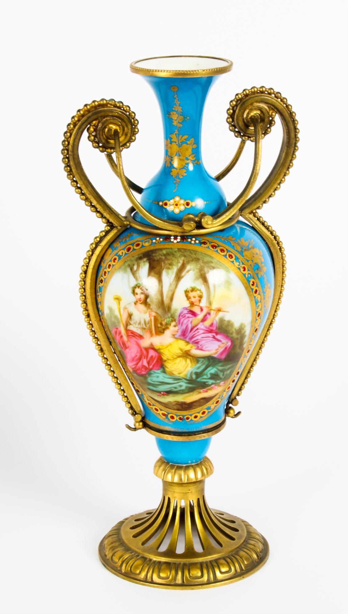 Antique Pair of French Ormolu Mounted Bleu Celeste Sèvres Vases, 19th Century For Sale 9