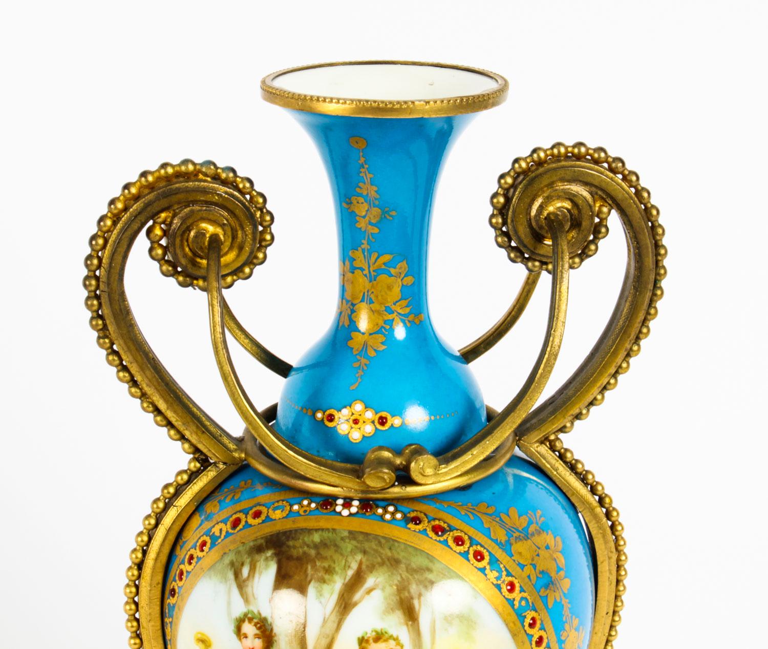 Antique Pair of French Ormolu Mounted Bleu Celeste Sèvres Vases, 19th Century For Sale 10