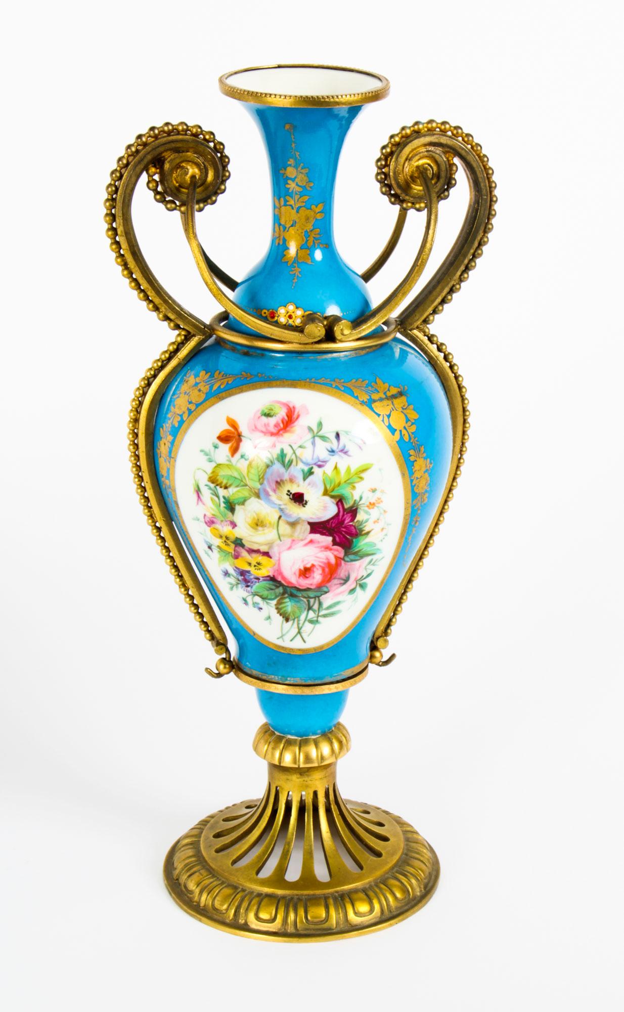 Antique Pair of French Ormolu Mounted Bleu Celeste Sèvres Vases, 19th Century For Sale 11