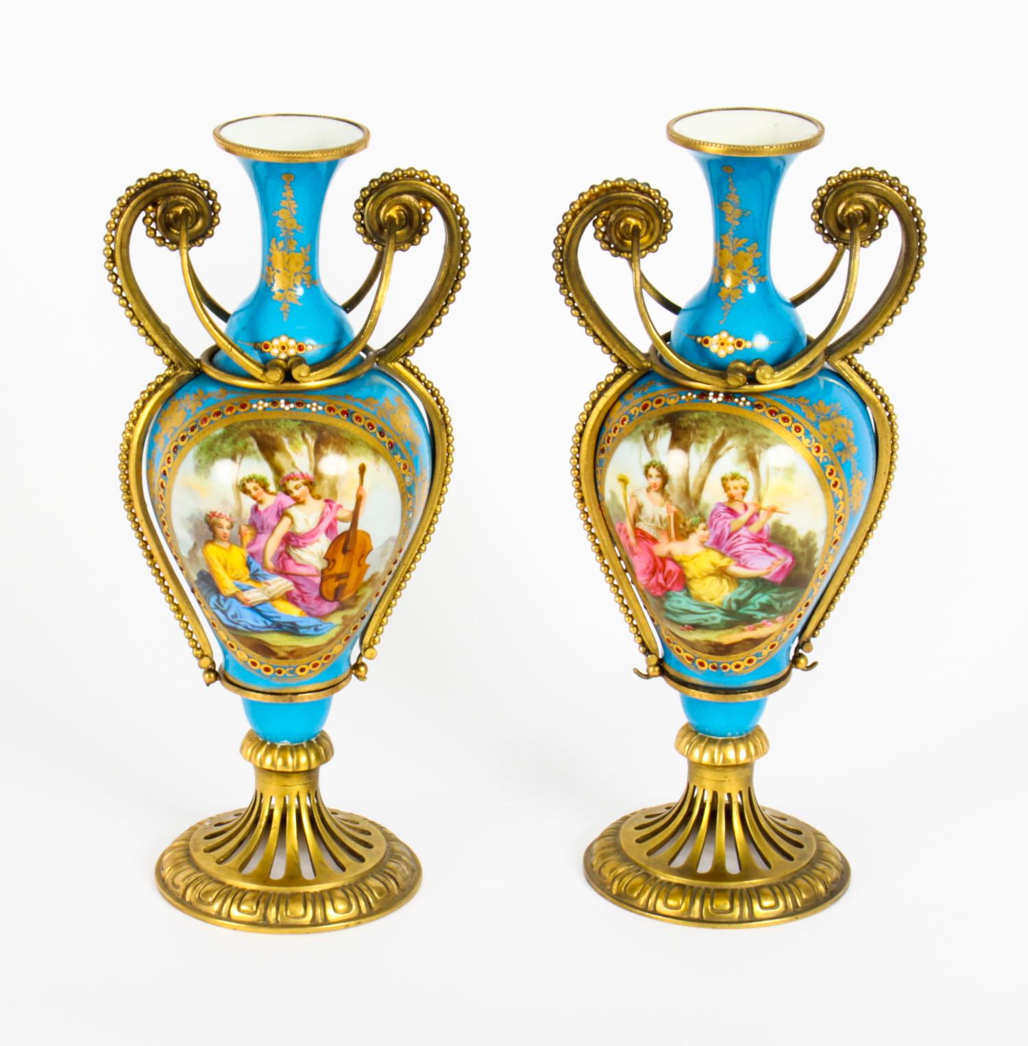 Antique Pair of French Ormolu Mounted Bleu Celeste Sèvres Vases, 19th Century For Sale 14