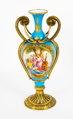 Antique Pair of French Ormolu Mounted Bleu Celeste Sèvres Vases, 19th Century