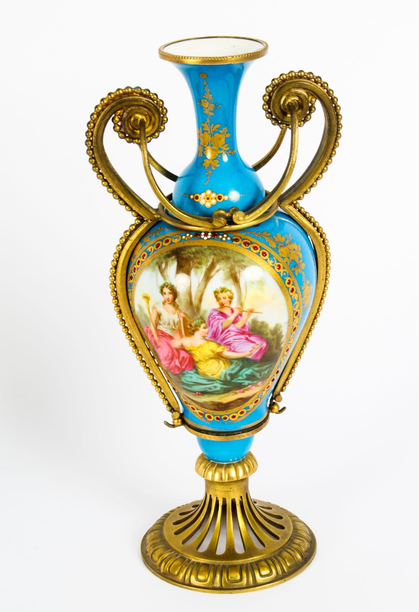 Late 19th Century Antique Pair of French Ormolu Mounted Bleu Celeste Sèvres Vases, 19th Century For Sale