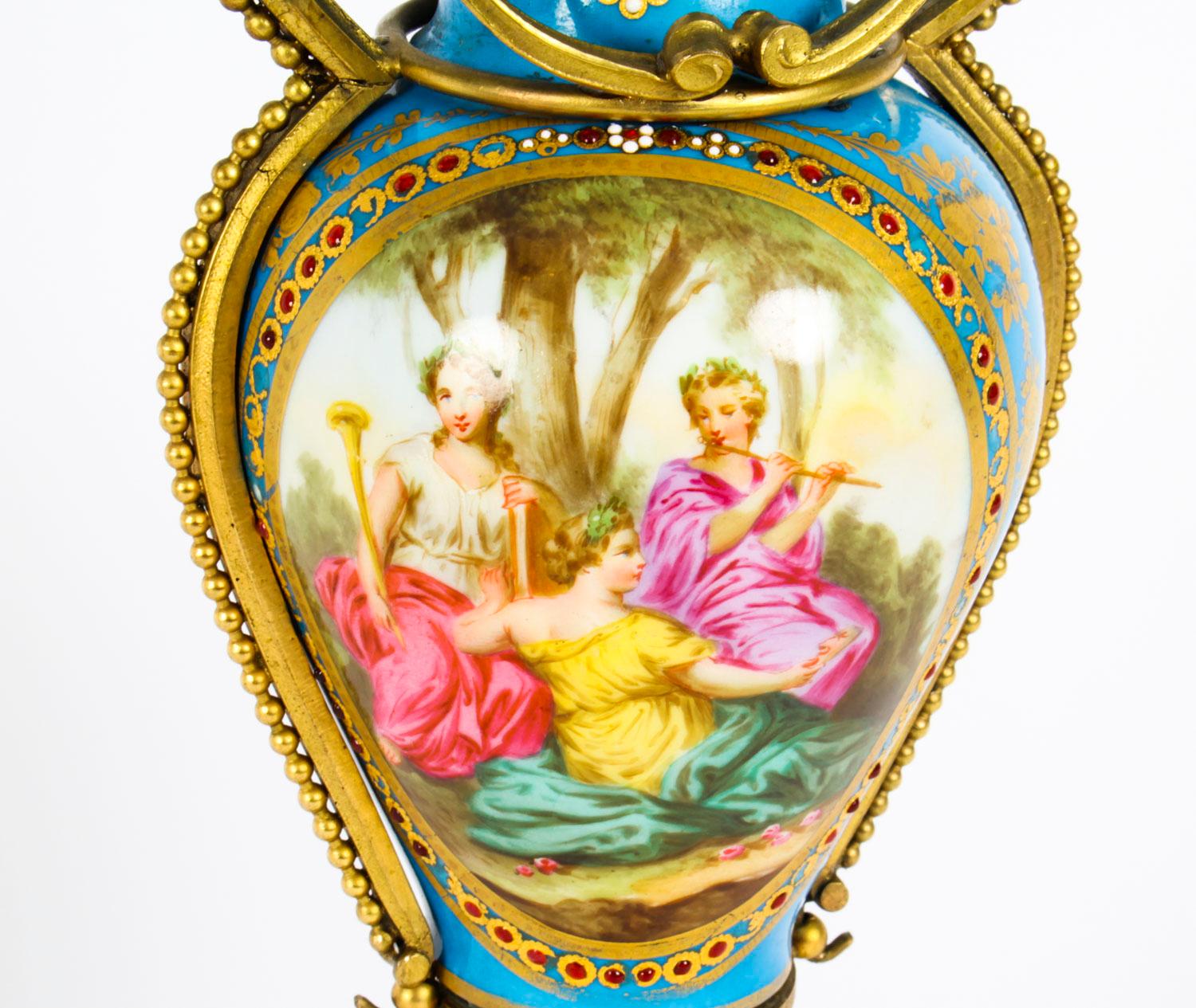 Porcelain Antique Pair of French Ormolu Mounted Bleu Celeste Sèvres Vases, 19th Century For Sale
