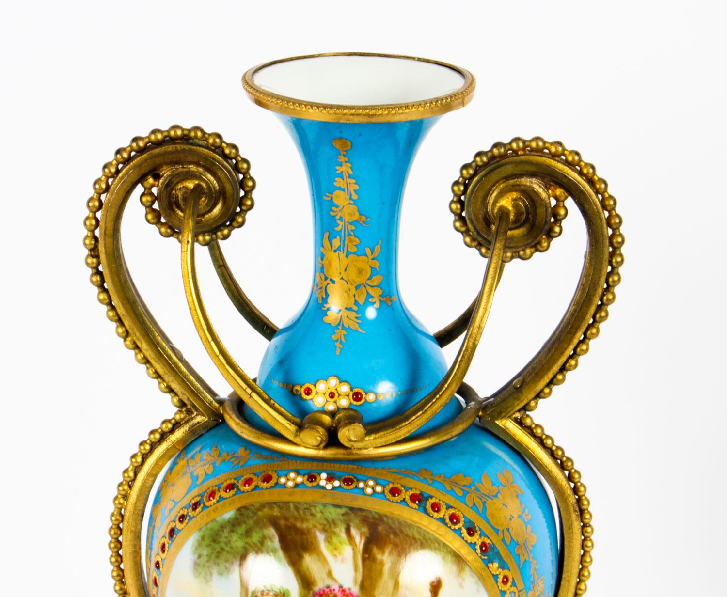 Antique Pair of French Ormolu Mounted Bleu Celeste Sèvres Vases, 19th Century For Sale 1