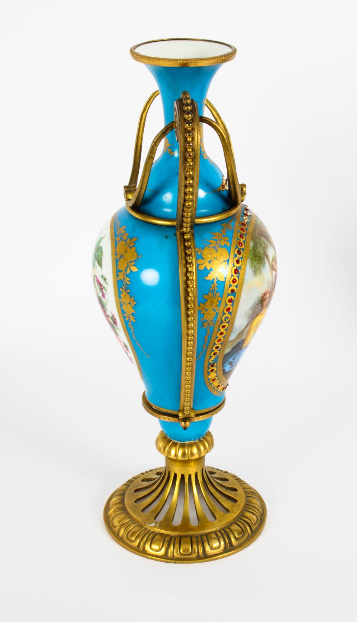 Antique Pair of French Ormolu Mounted Bleu Celeste Sèvres Vases, 19th Century For Sale 2